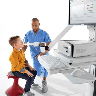 Clinician testing a patient at Vyaire's Vyntus ONE pulmonary function testing system.
